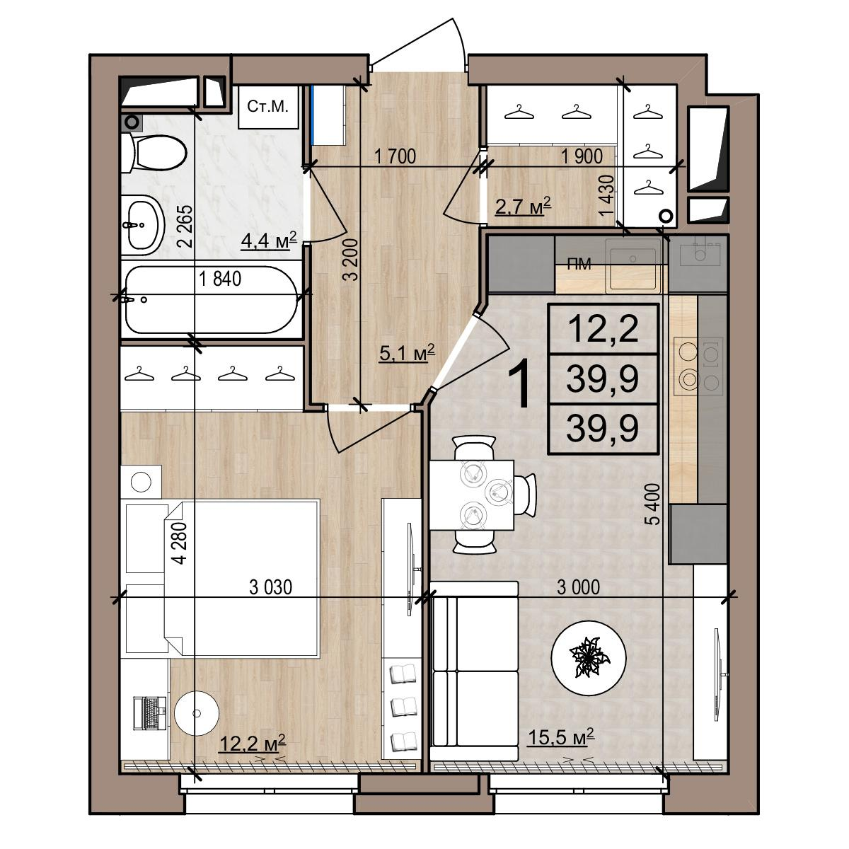 1-комнатная 39 м2 в ЖК Полярная звезда корпус null этаж 13