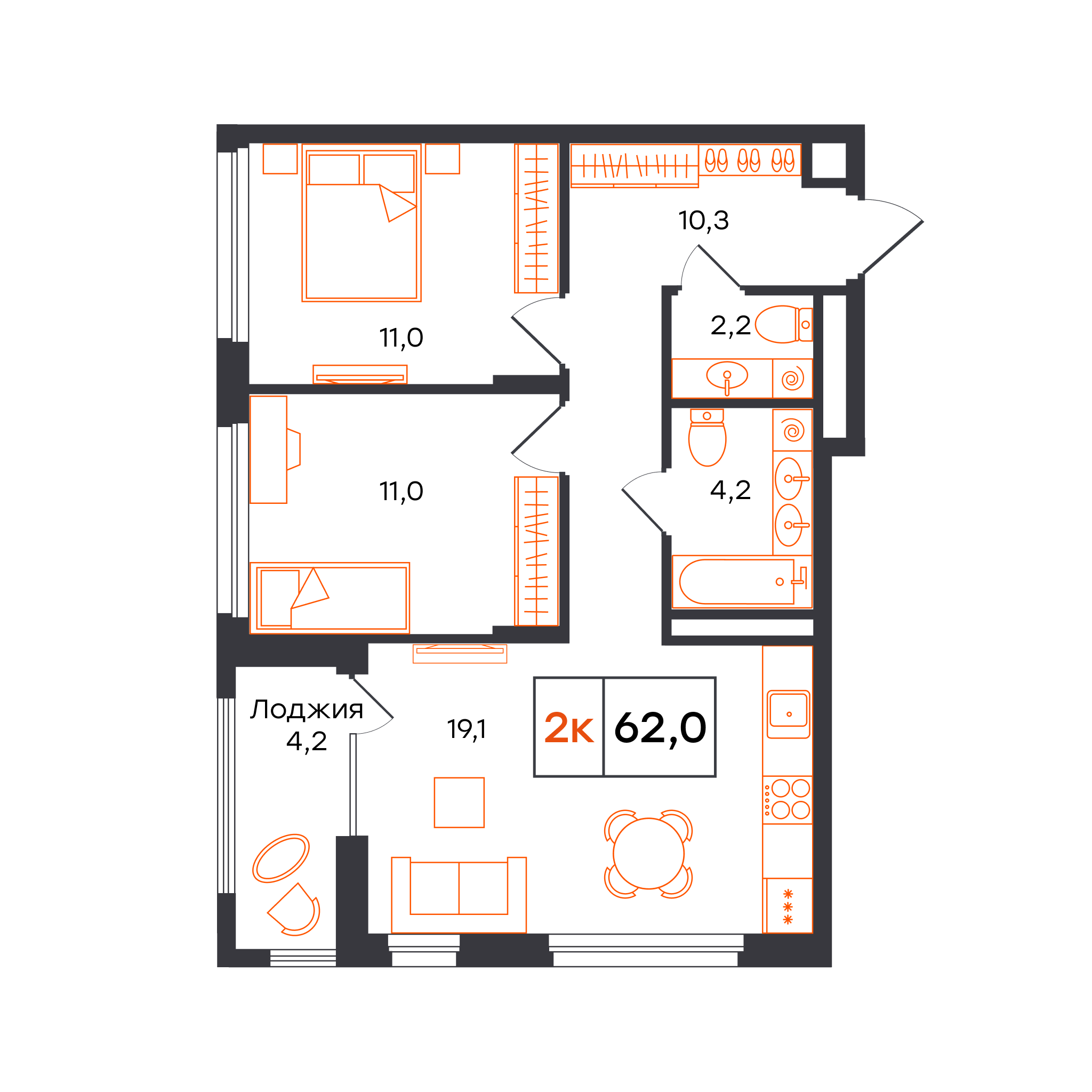 2-комнатная 62 м2 в ЖК Александровский корпус null этаж 8