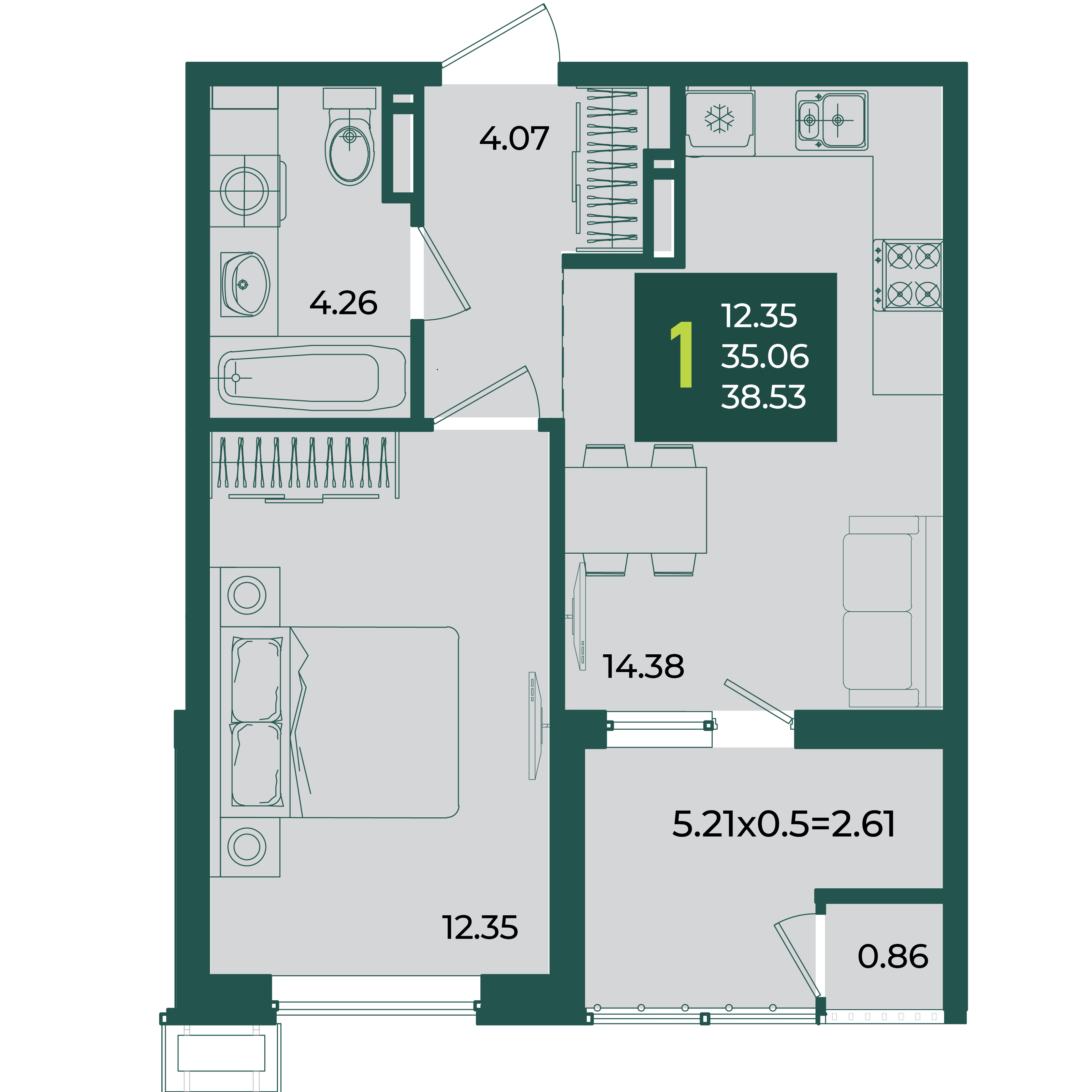 1-комнатная 38 м2 в ЖК Образцово корпус null этаж 9