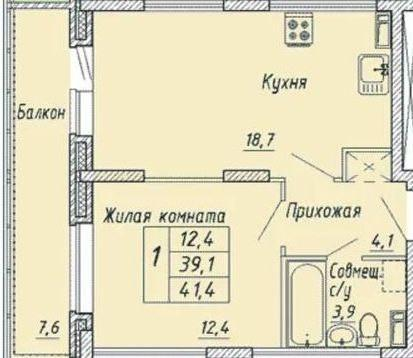 1-комнатная 41.4 м2 в ЖК undefined корпус null этаж 4