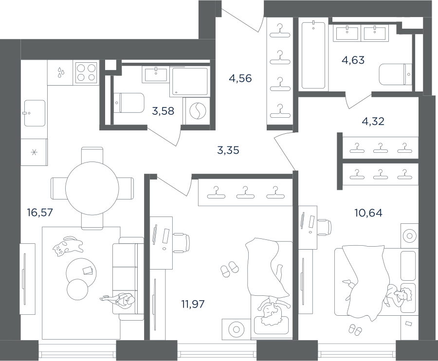 2-комнатная 59 м2 в ЖК ULTIMACity корпус null этаж 7