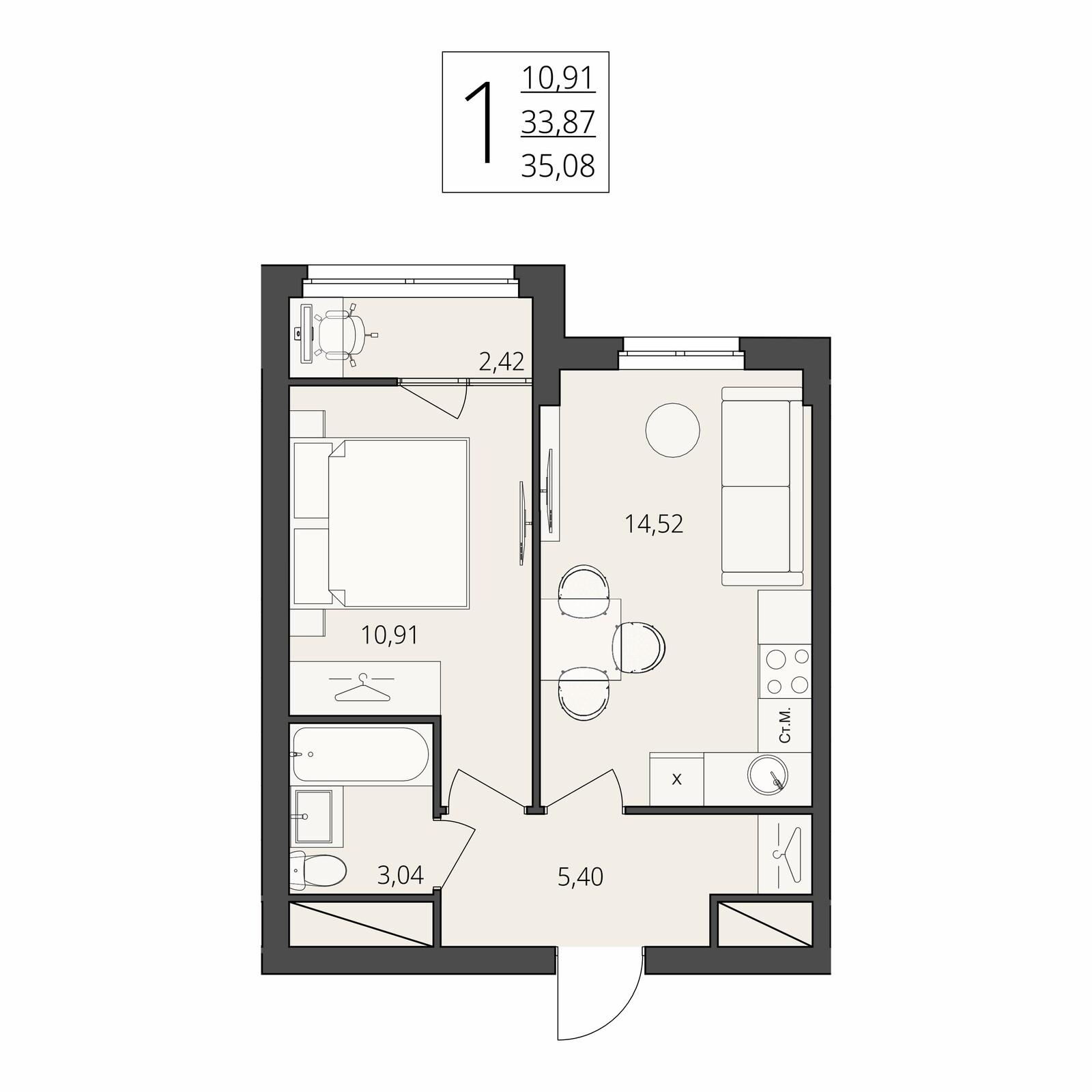 1-комнатная 35 м2 в ЖК Берег Волги корпус null этаж 10