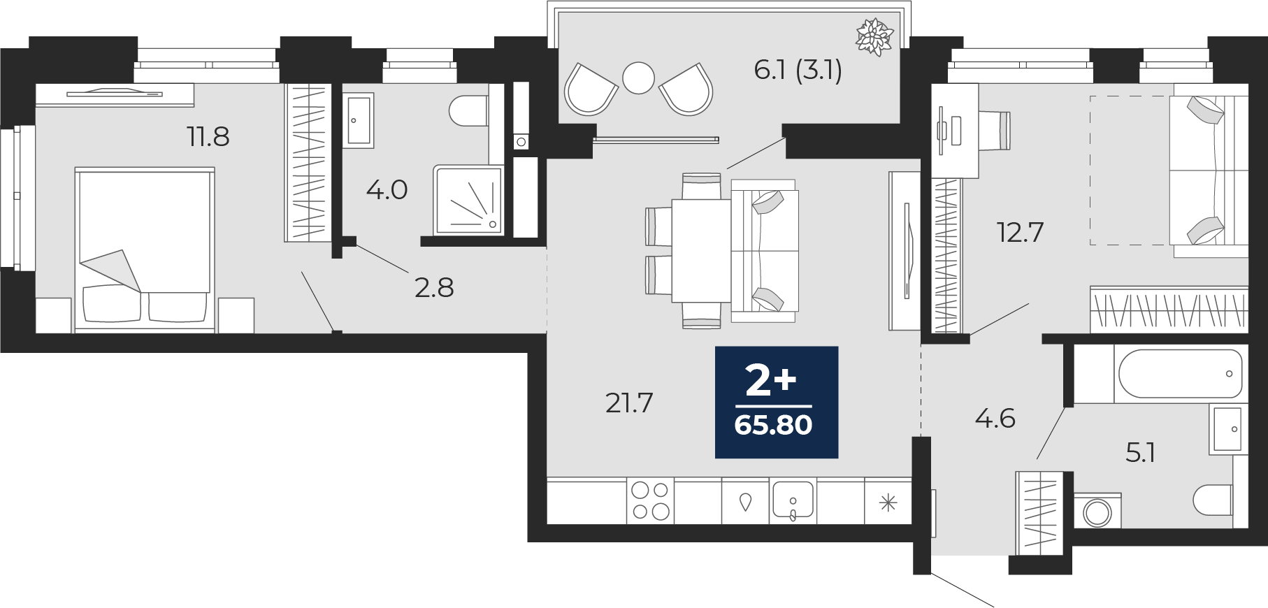 2-комнатная 62 м2 в ЖК Мириады корпус null этаж 16