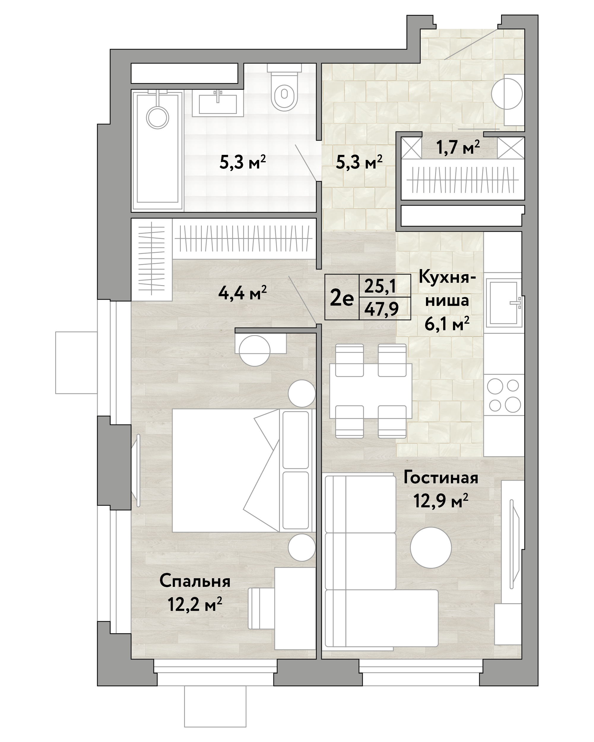 1-комнатная 47 м2 в ЖК Новые Смыслы корпус null этаж 14