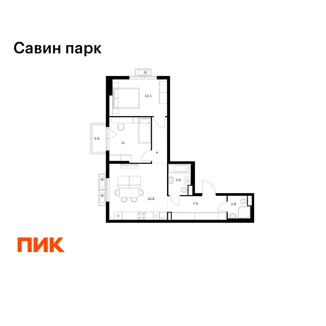2-комнатная 61 м2 в ЖК Савин парк корпус null этаж 7