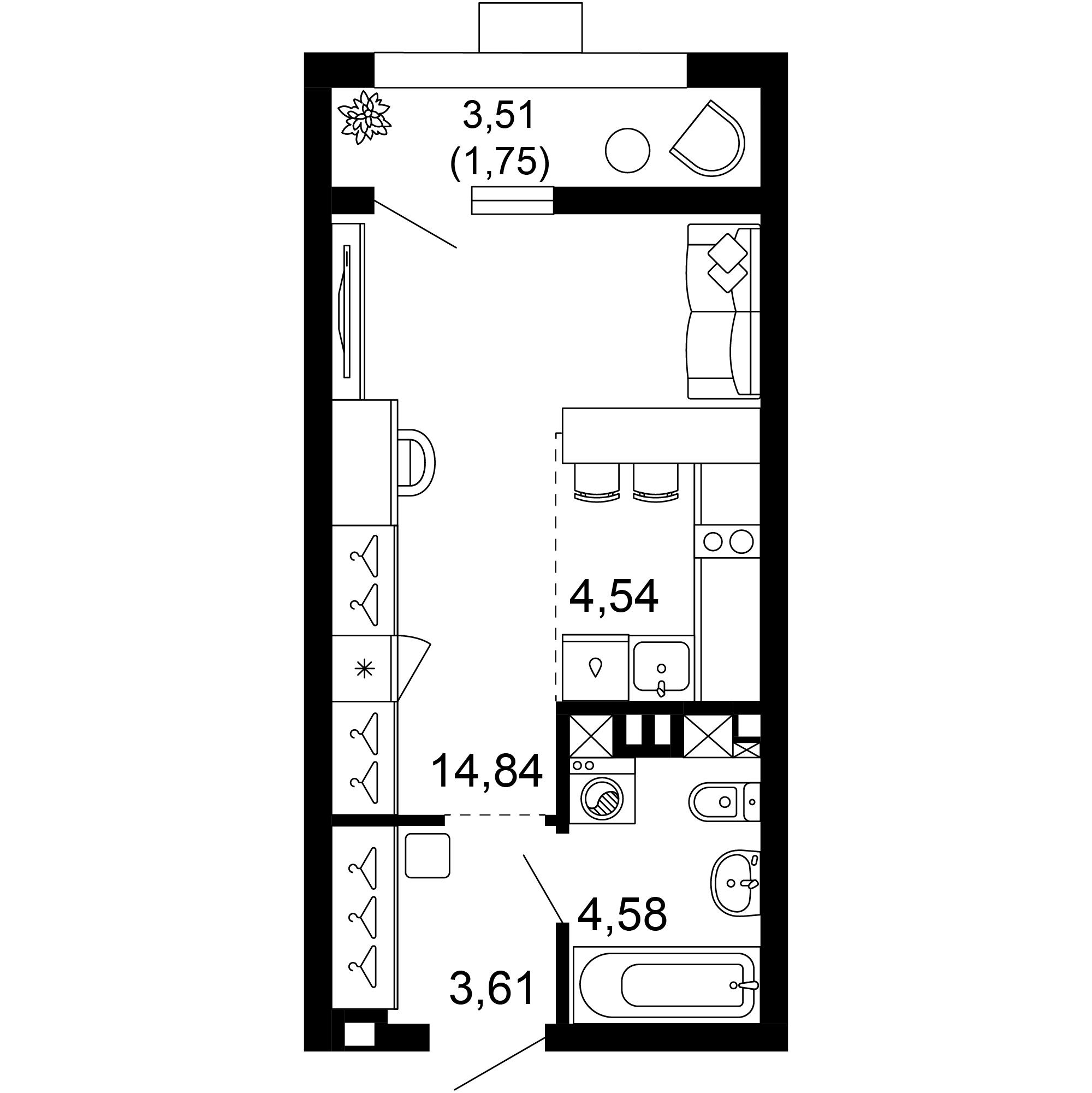 1-комнатная 29 м2 в ЖК 1799 корпус null этаж 1