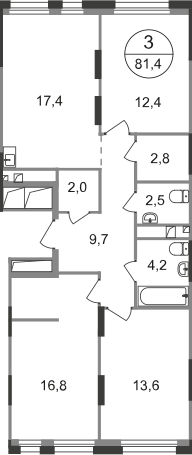 3-комнатная 81 м2 в ЖК Первый Московский корпус null этаж 3