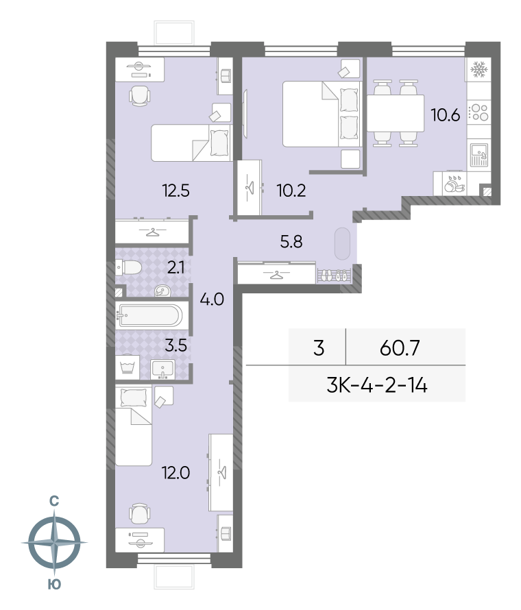 3-комнатная 60 м2 в ЖК ЛУЧИ корпус null этаж 5