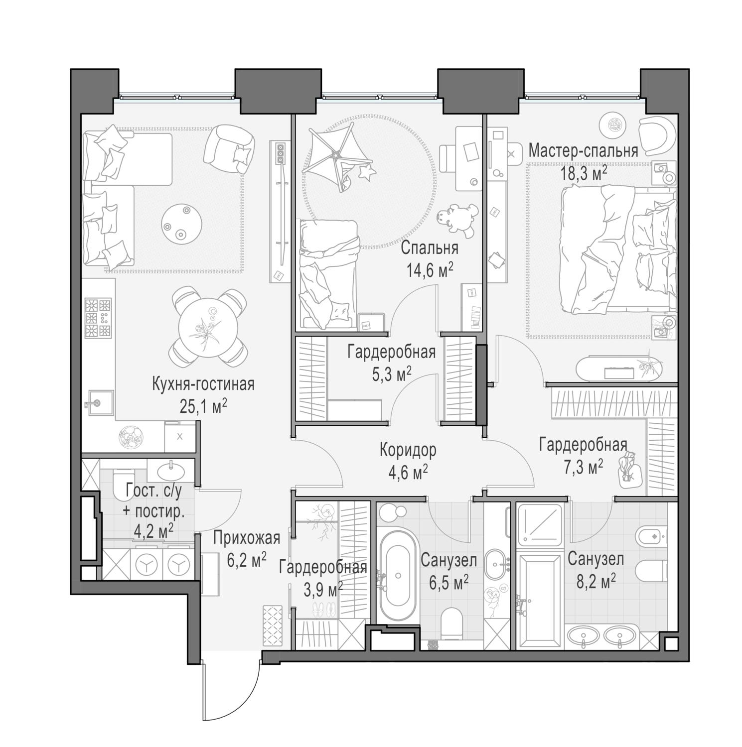 3-комнатная 104 м2 в ЖК Роскошный квартал LIFE TIME корпус null этаж 3