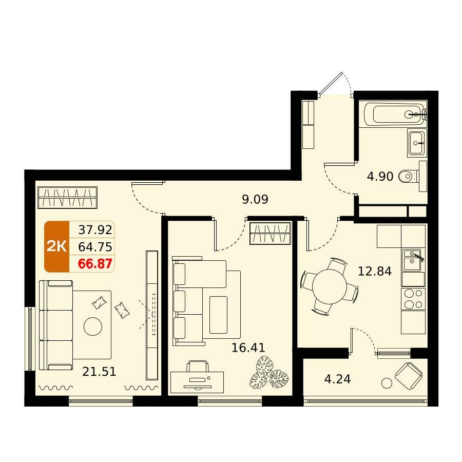 2-комнатная 66 м2 в ЖК Домодедово парк корпус null этаж 6