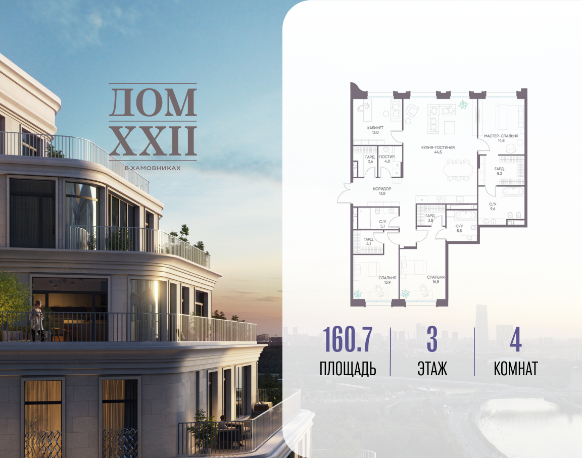 4-комнатная 160 м2 в ЖК Дом XXII корпус null этаж 3