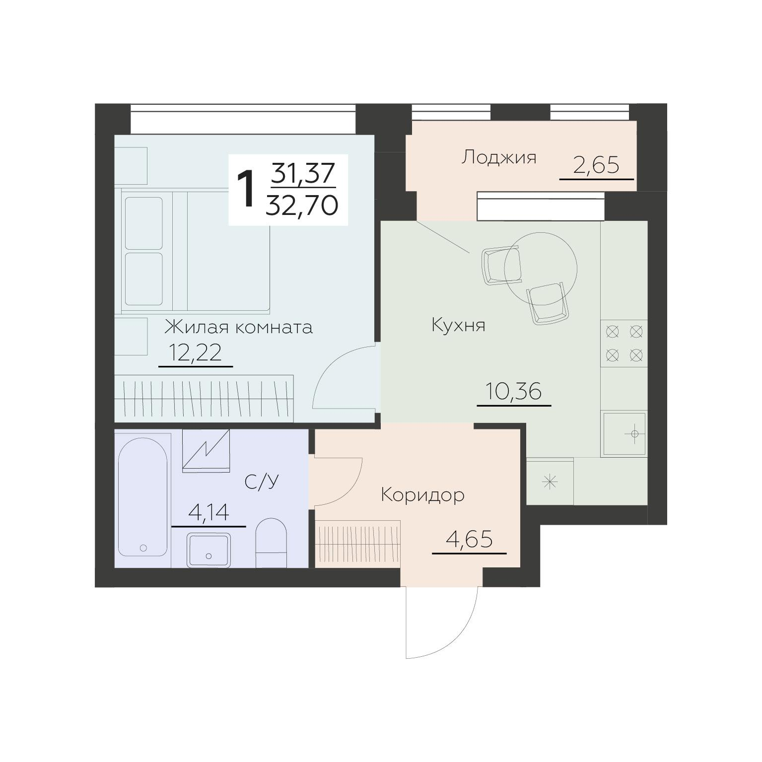 1-комнатная 32 м2 в ЖК Заря корпус null этаж 12