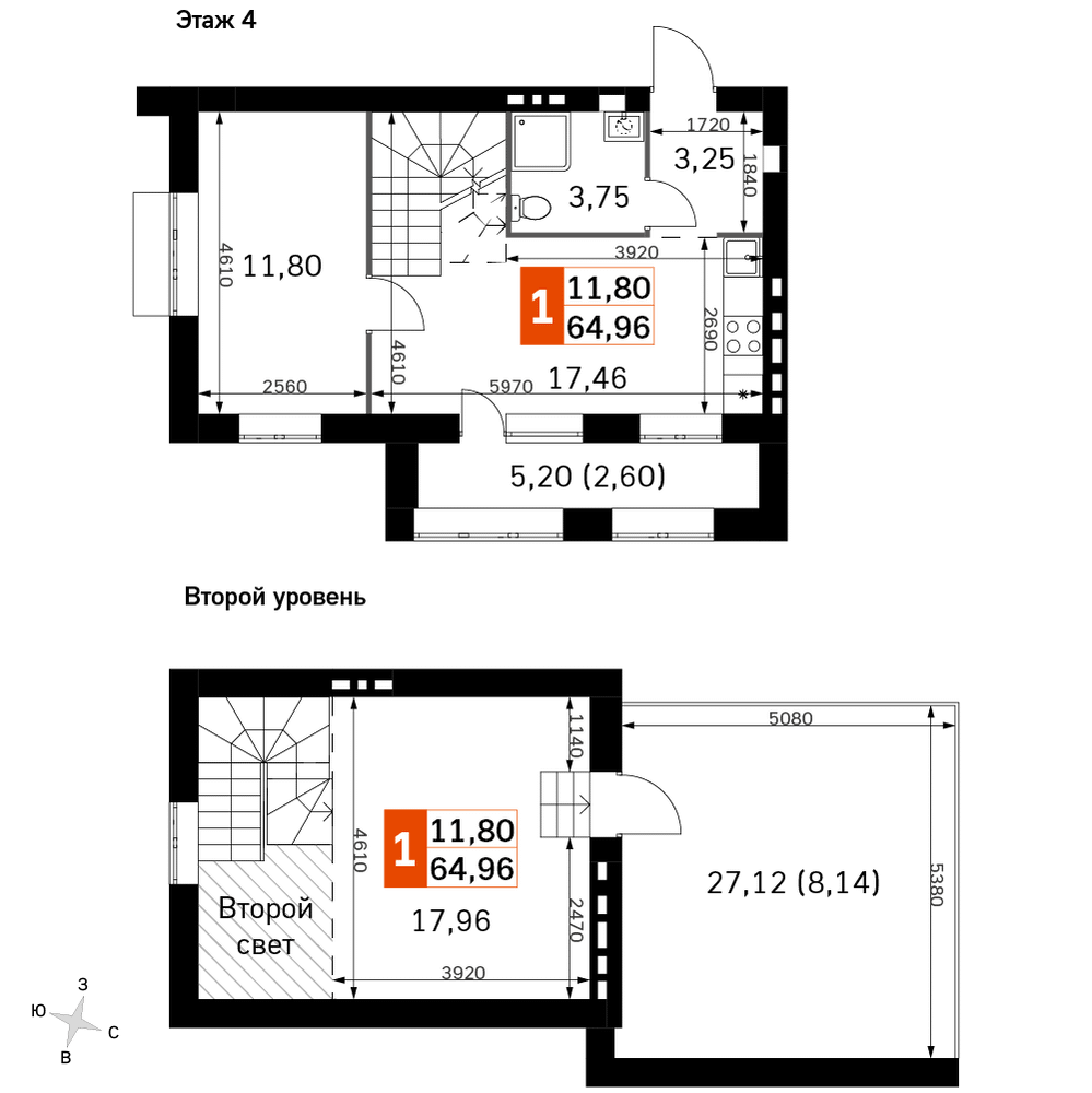 2-комнатная 64 м2 в ЖК Жаворонки Клаб корпус null этаж 4