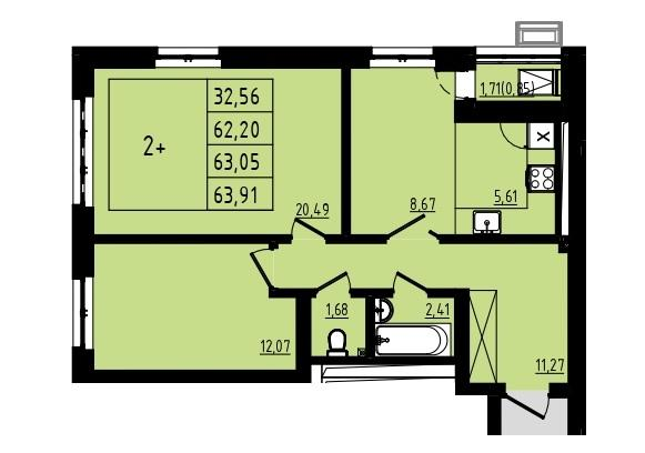 2-комнатная 63 м2 в ЖК Новоленд корпус null этаж 2