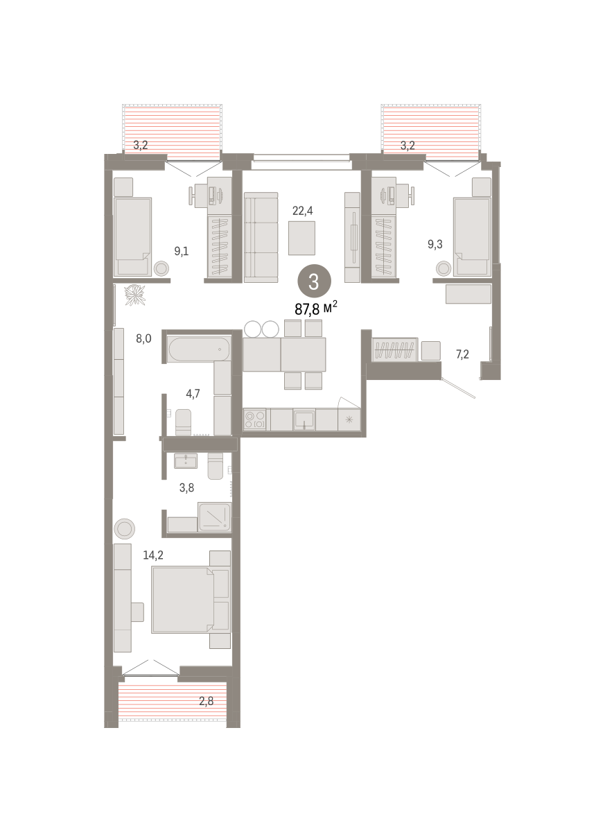 3-комнатная 87 м2 в ЖК Республики 205 корпус null этаж 4