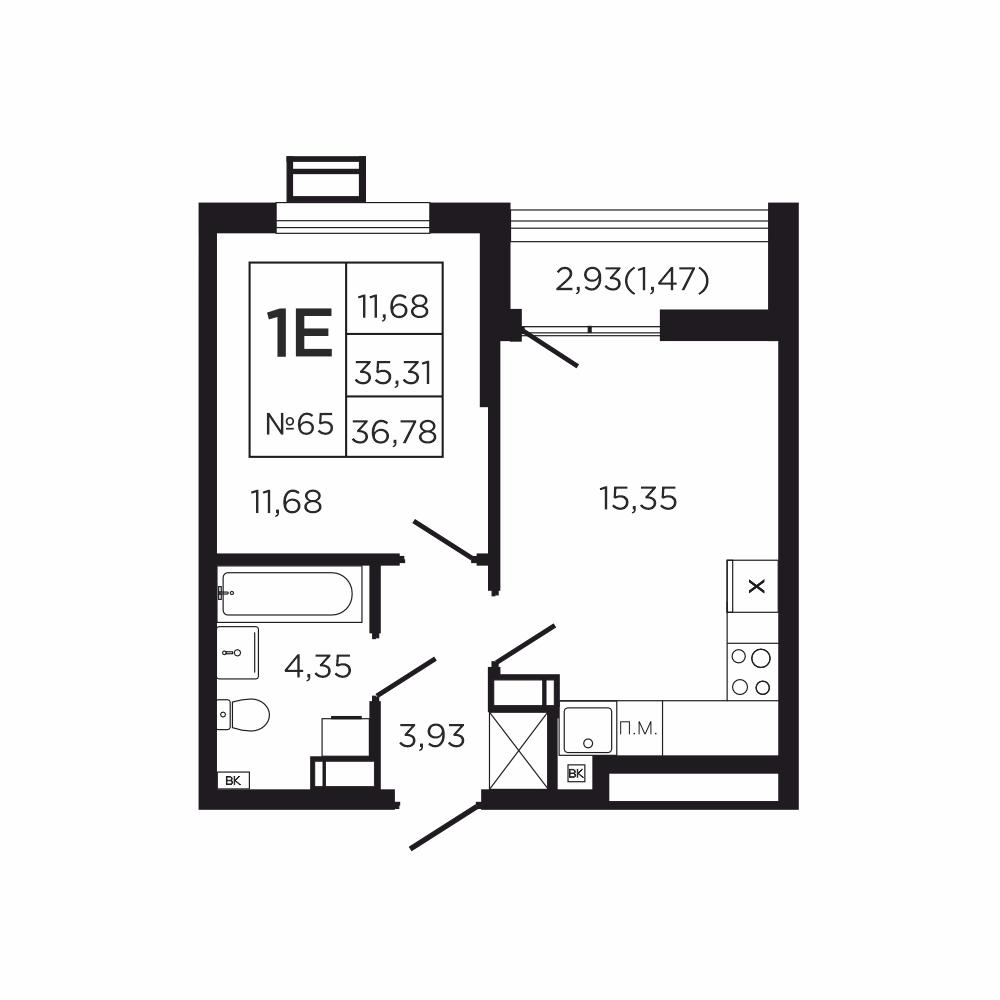 1-комнатная 38 м2 в ЖК Соседи корпус null этаж 7