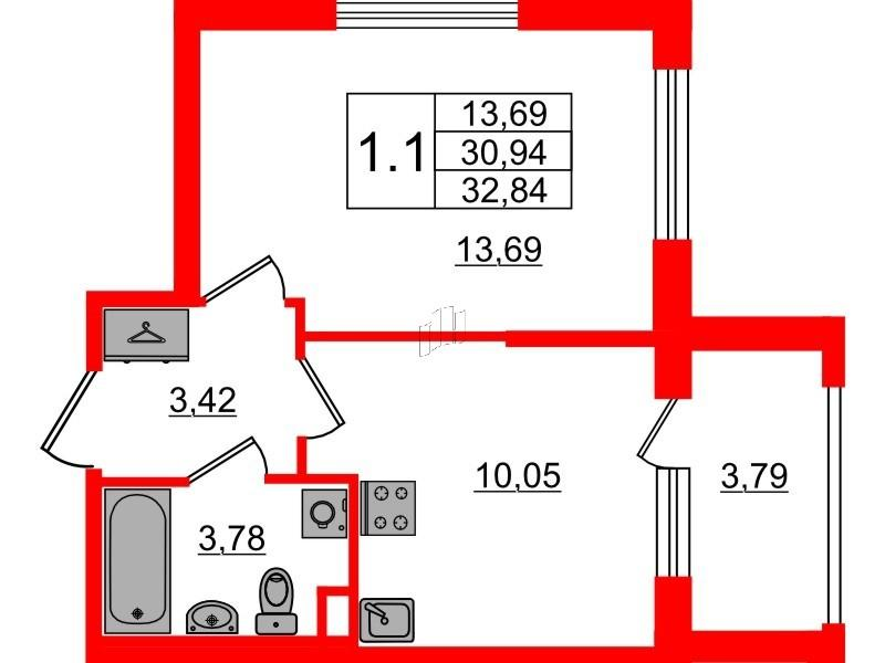 1-комнатная 30 м2 в ЖК Дворцовый фасад корпус null этаж 1