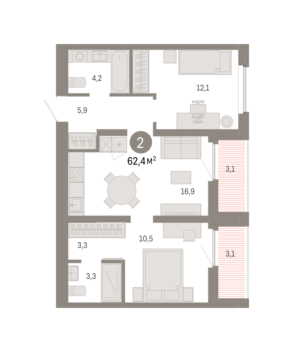 2-комнатная 62 м2 в ЖК Зарека корпус null этаж 9