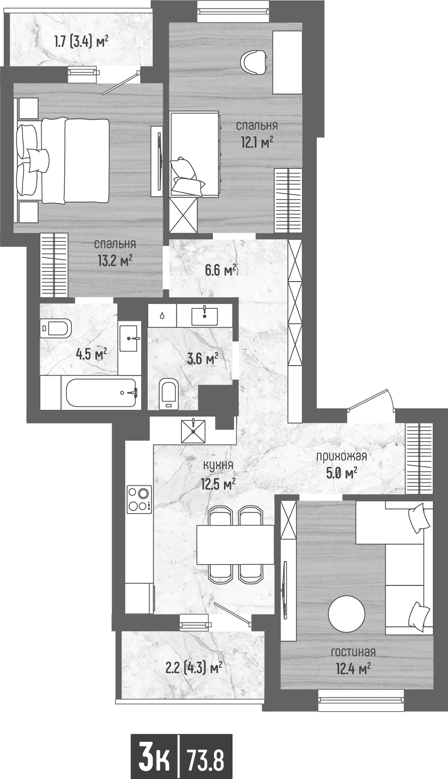 3-комнатная 73 м2 в ЖК Морена корпус null этаж 5