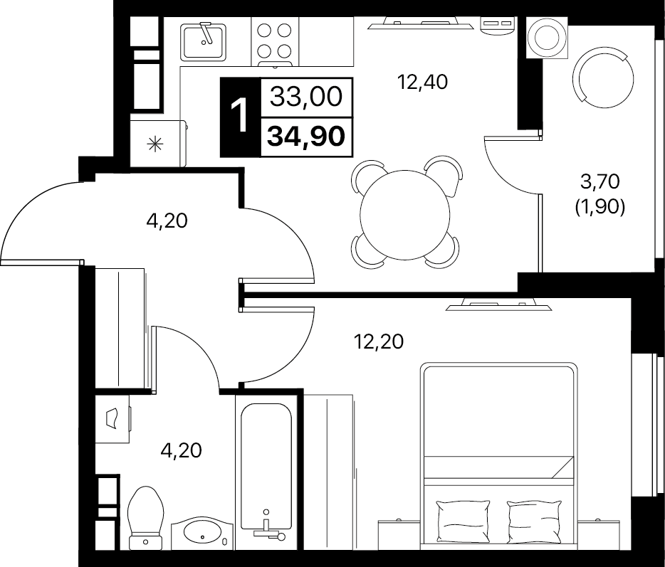 1-комнатная 34 м2 в ЖК Эстет корпус null этаж 10