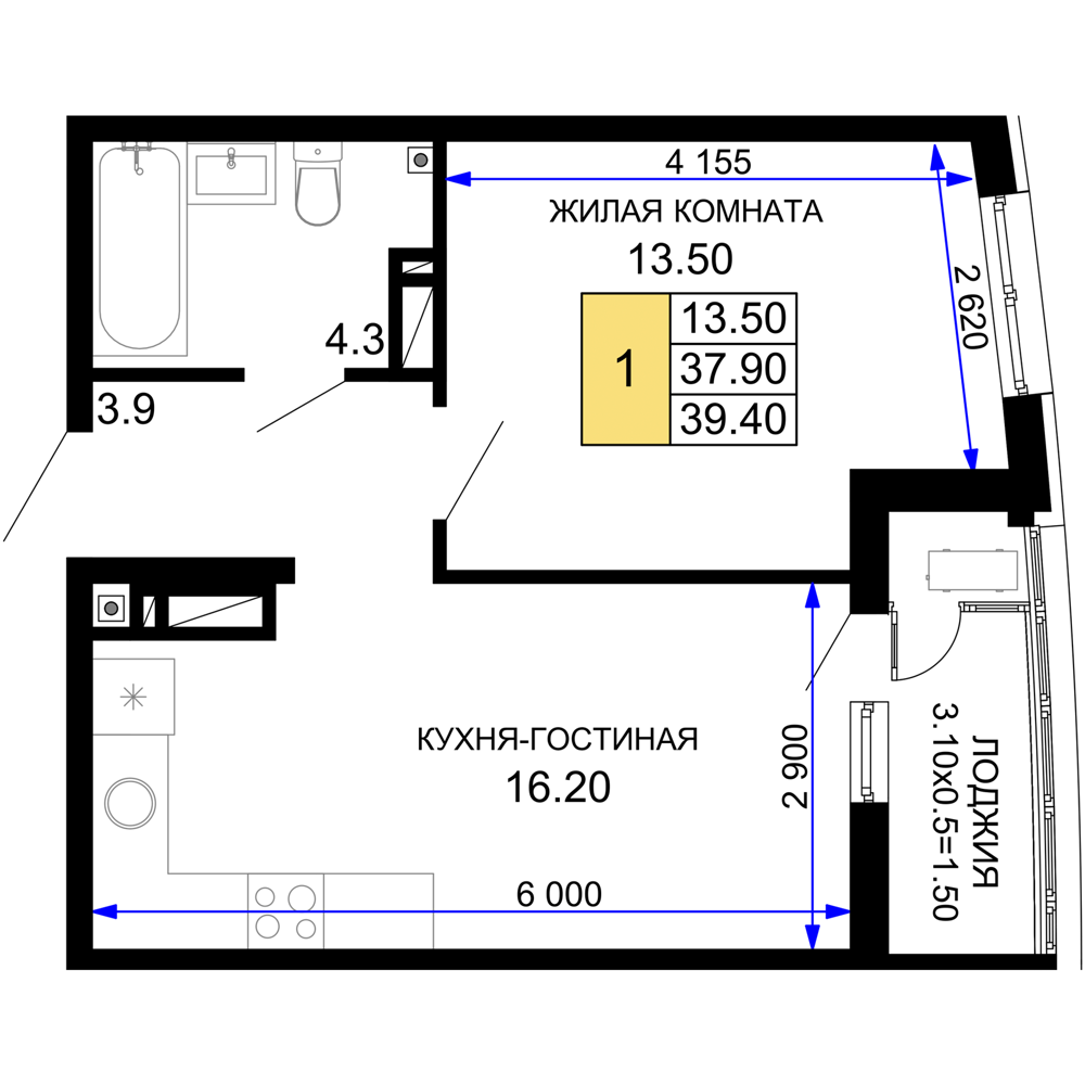 1-комнатная 39 м2 в ЖК Фонтаны корпус null этаж 15