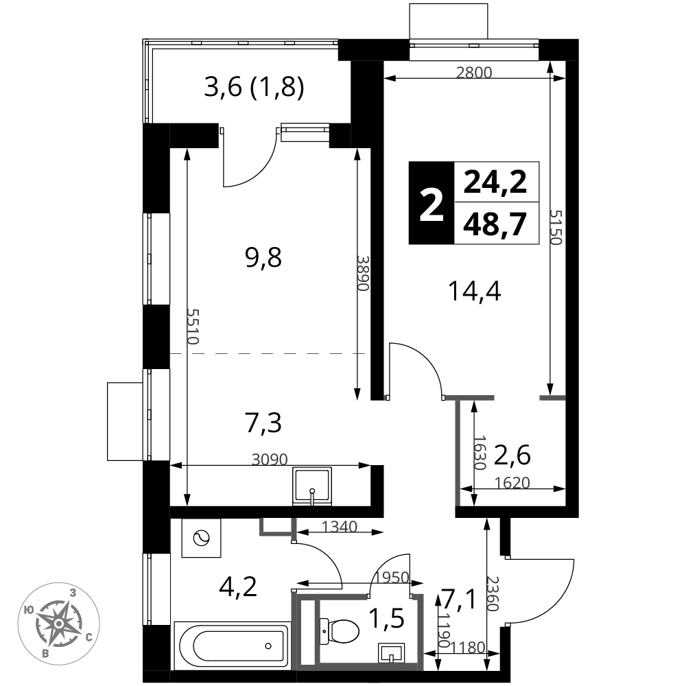 2-комнатная 48 м2 в ЖК 1-й Донской корпус null этаж 3