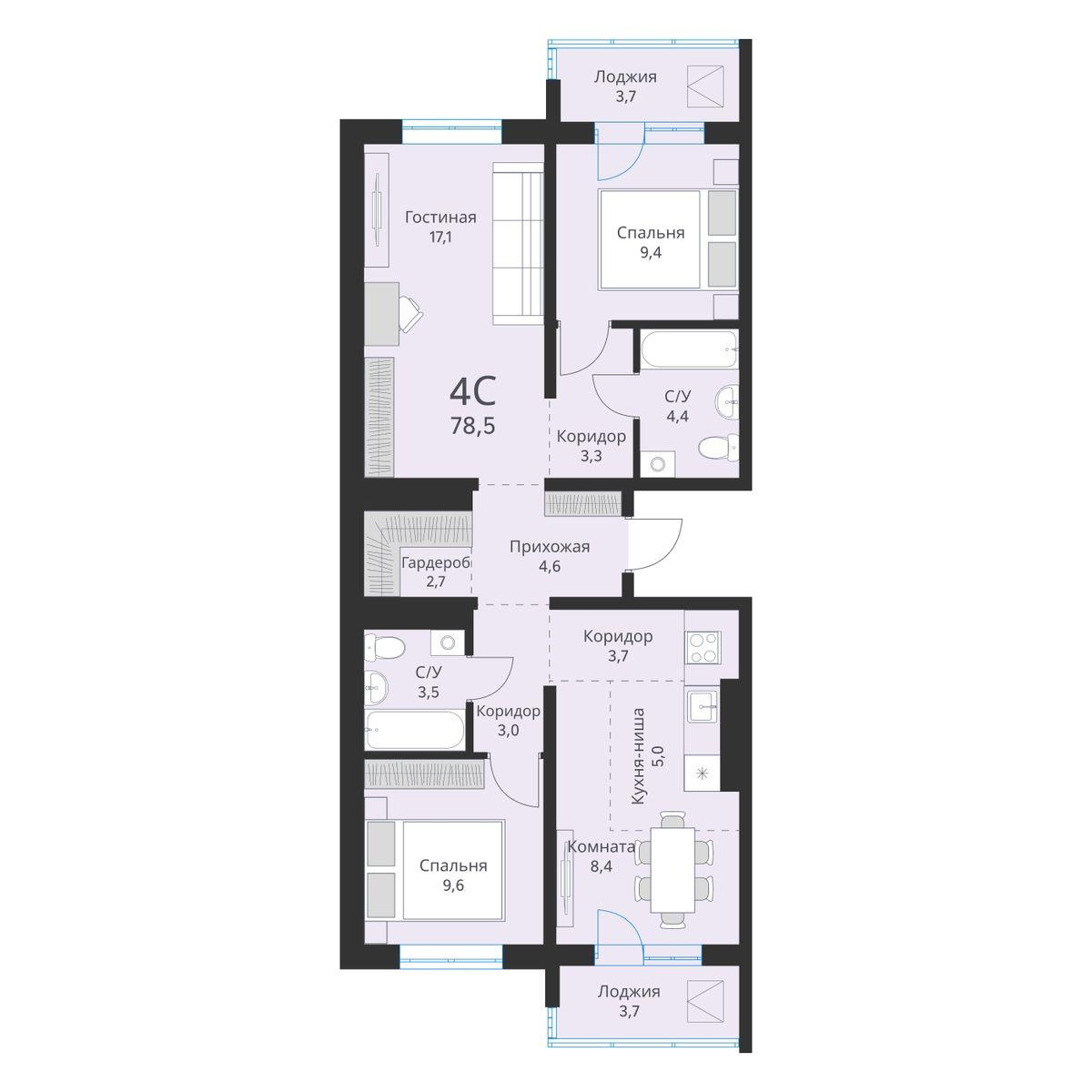 4-комнатная 78 м2 в ЖК Виноград корпус null этаж 15