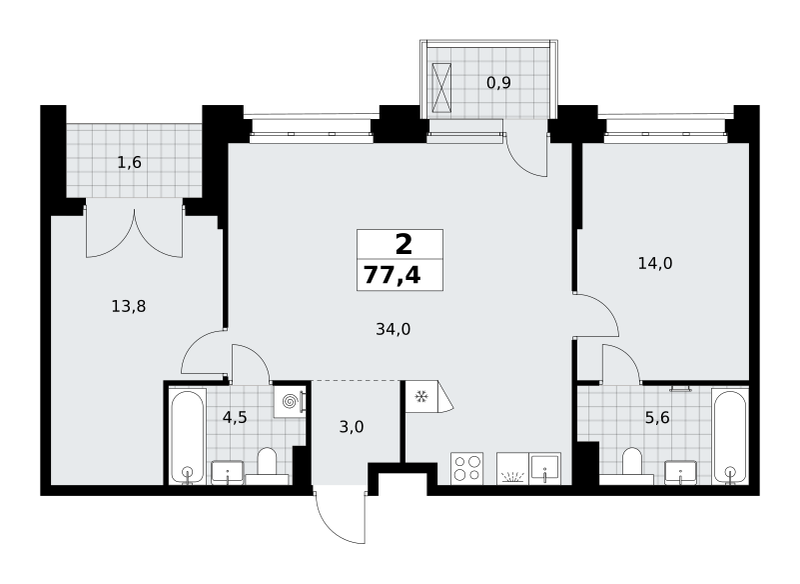 2-комнатная 77 м2 в ЖК Хольм корпус null этаж 9