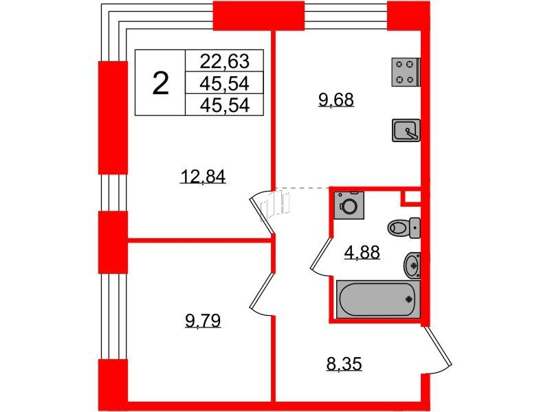 2-комнатная 45 м2 в ЖК PLUS Пулковский корпус null этаж 1