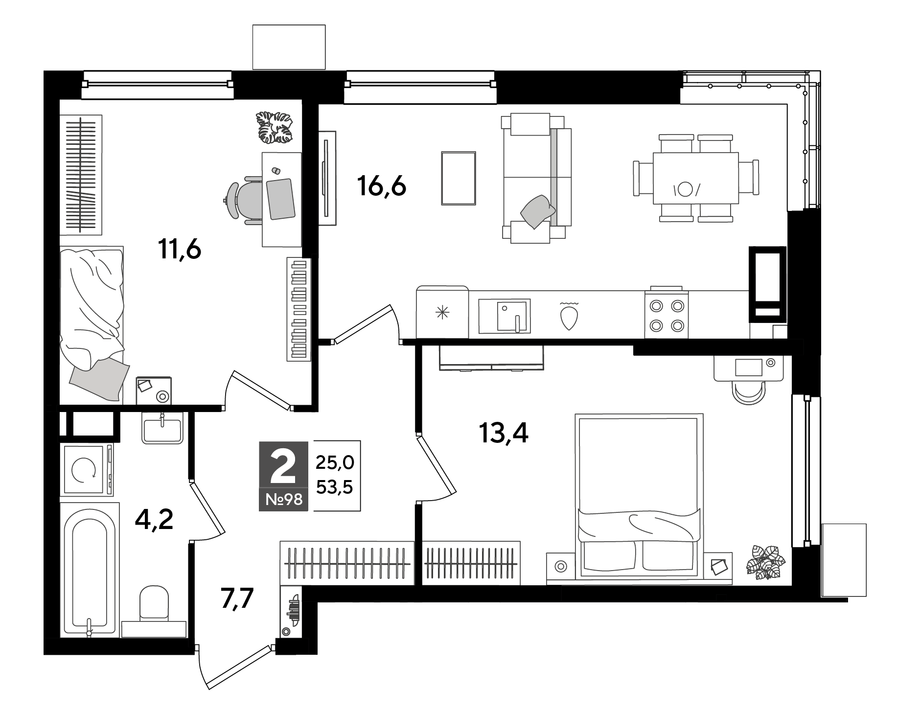 2-комнатная 53 м2 в ЖК Догма Парк корпус null этаж 14