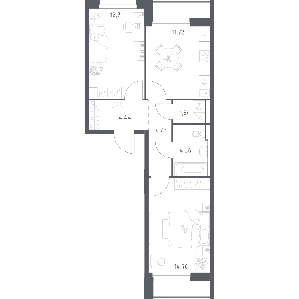 2-комнатная 54 м2 в ЖК Прибрежный парк корпус null этаж 2