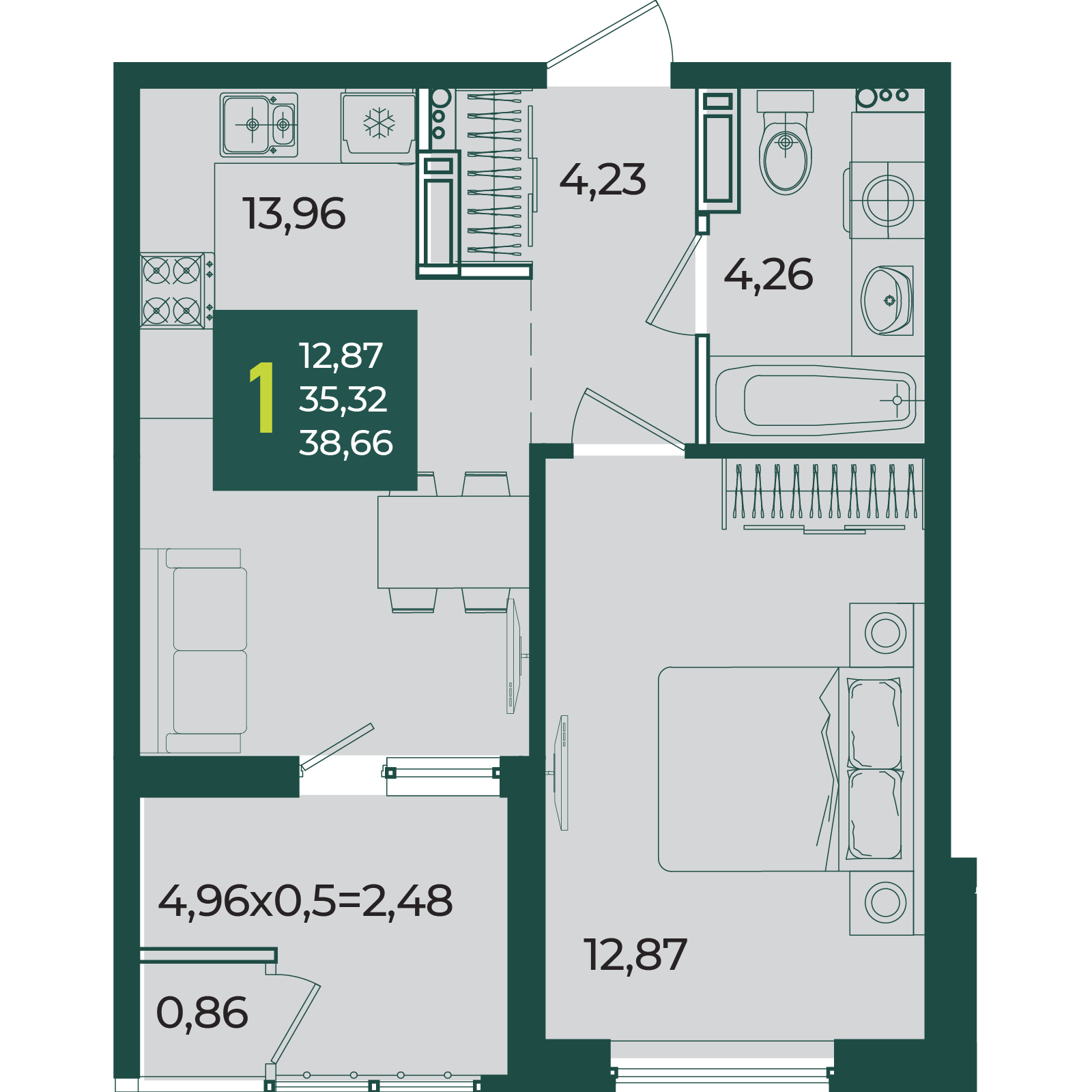 1-комнатная 38 м2 в ЖК Образцово корпус null этаж 18