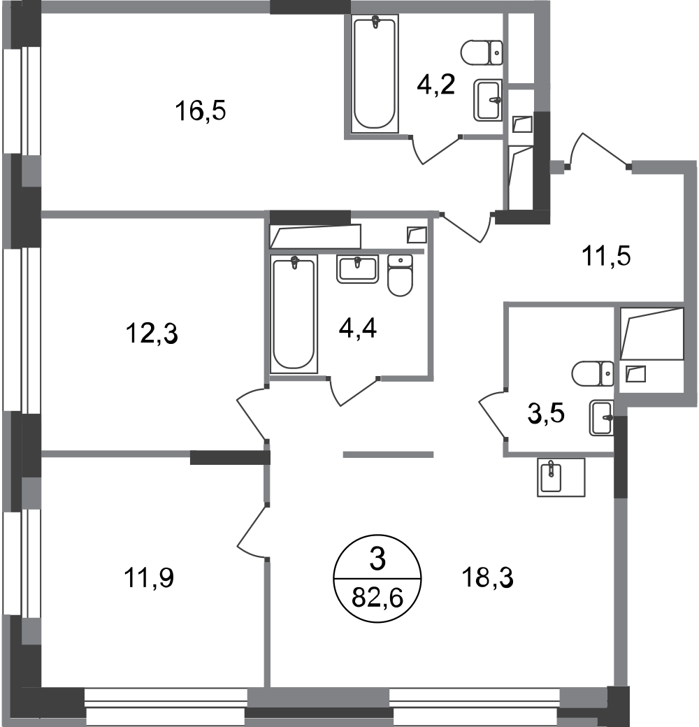 3-комнатная 82 м2 в ЖК Первый Московский корпус null этаж 19