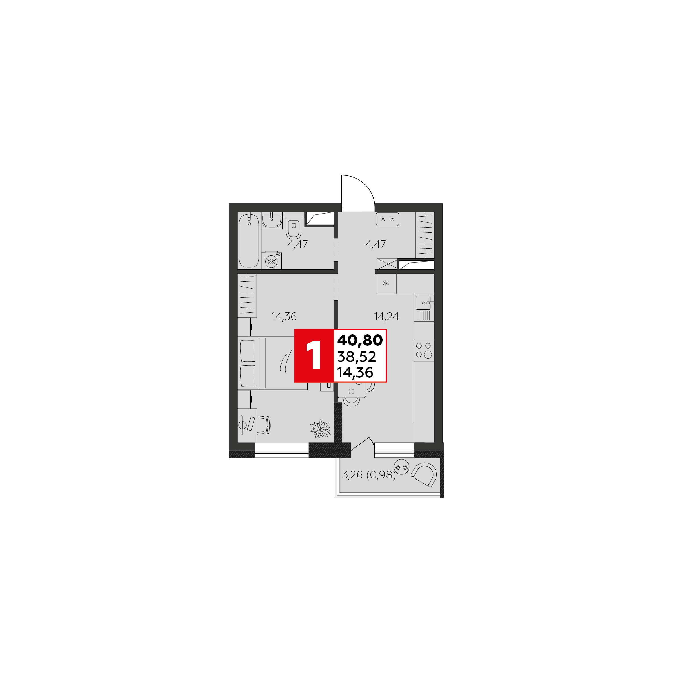 2-комнатная 38 м2 в ЖК К24 корпус null этаж 9