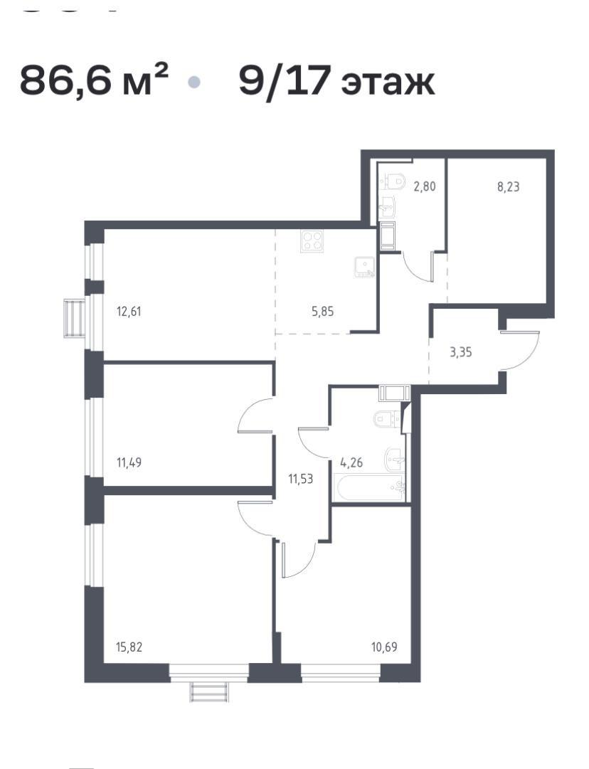 4-комнатная 86.6 м2 в ЖК undefined корпус null этаж 9