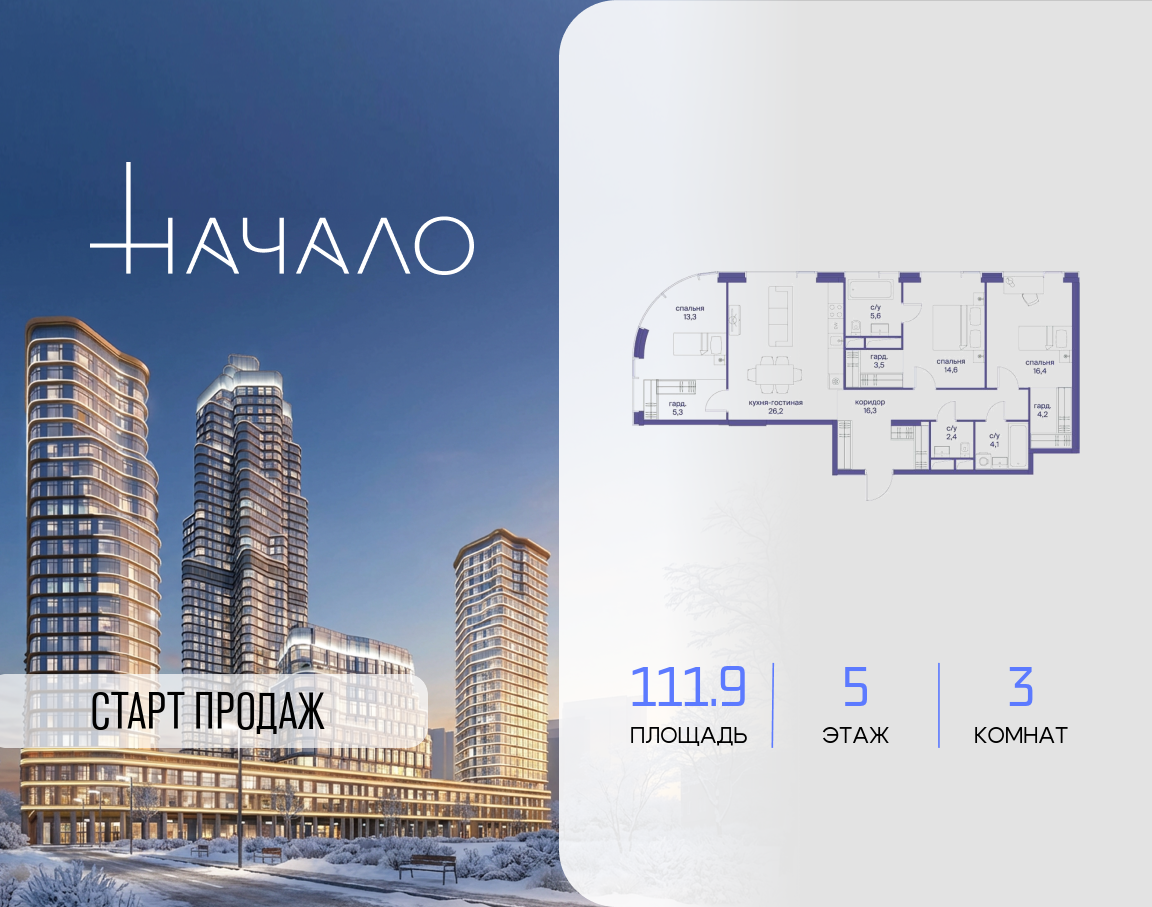 3-комнатная 111 м2 в ЖК Начало корпус null этаж 5