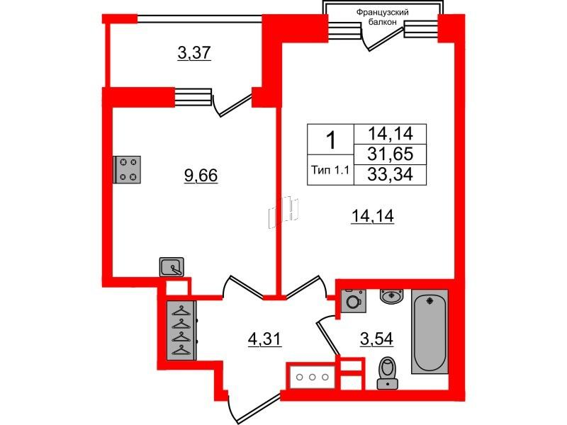 1-комнатная 31 м2 в ЖК Setl Ривьера корпус null этаж 13