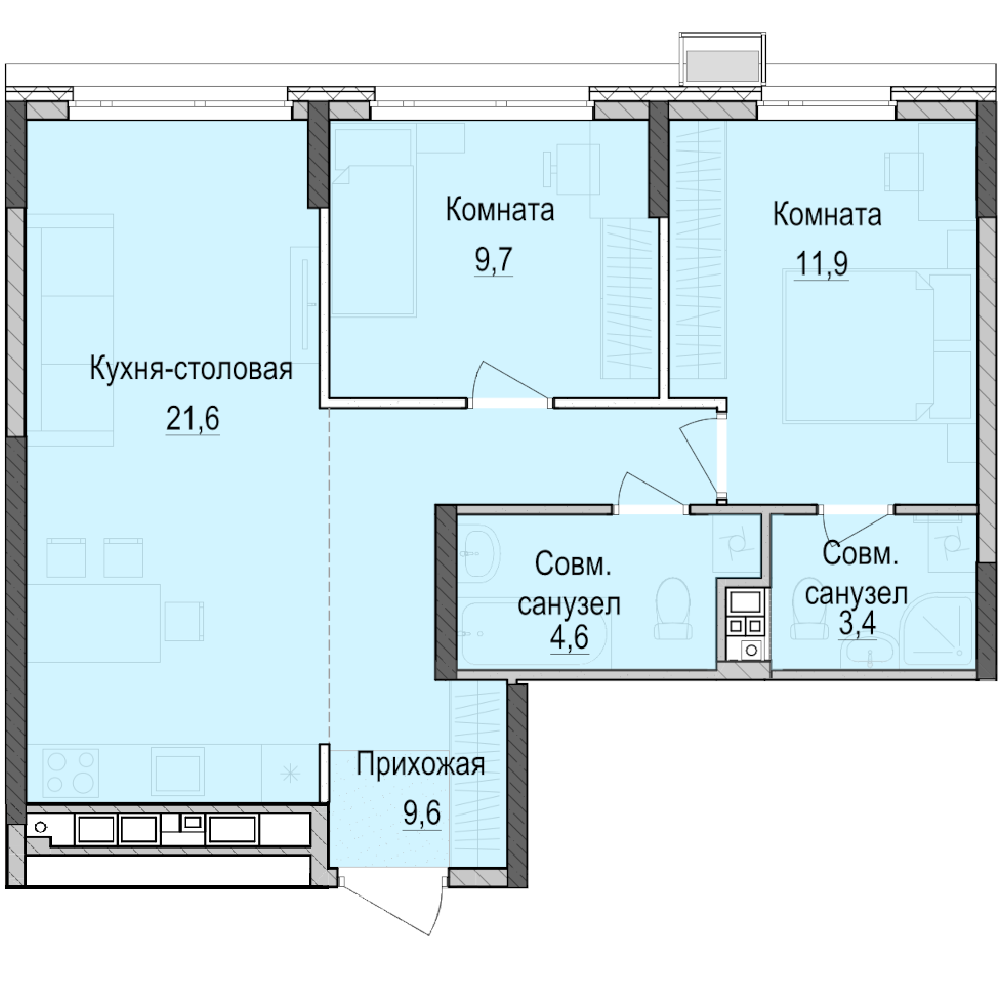 2-комнатная 60 м2 в ЖК Парк Маяк корпус null этаж 10
