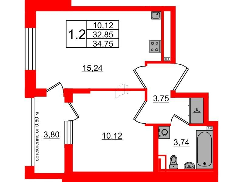 1-комнатная 32 м2 в ЖК Univer City корпус null этаж 2