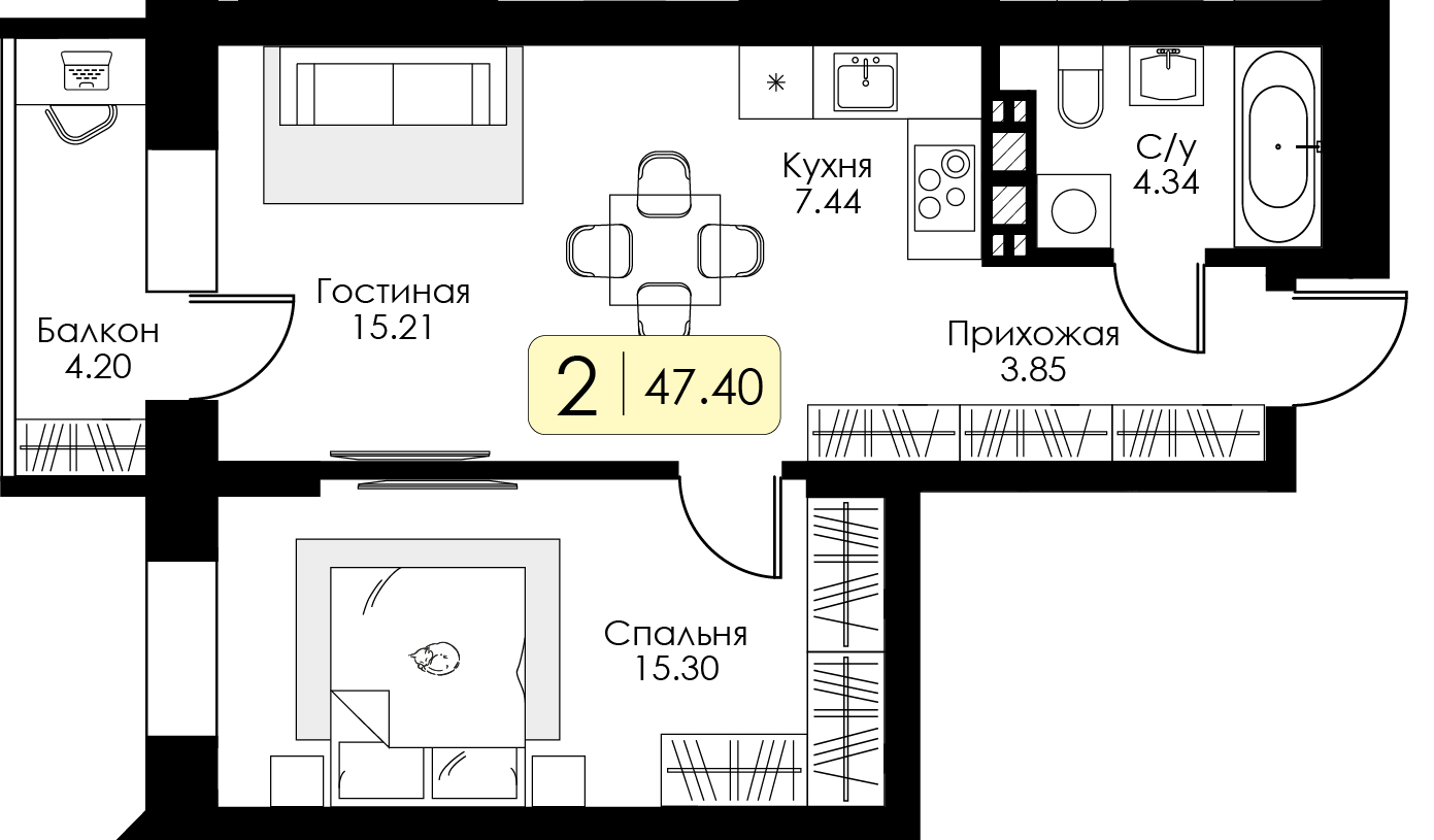 1-комнатная 47 м2 в ЖК Урбан Парк корпус null этаж 14