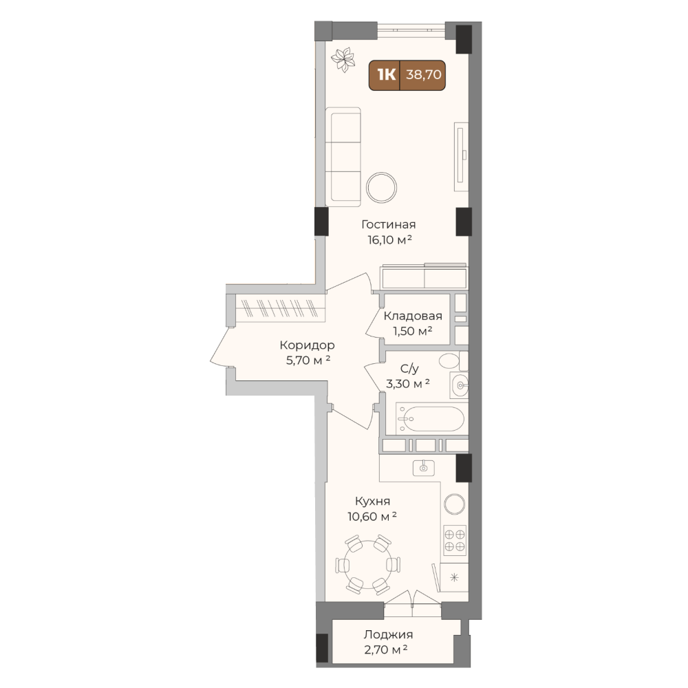 1-комнатная 38 м2 в ЖК Опера корпус null этаж 2