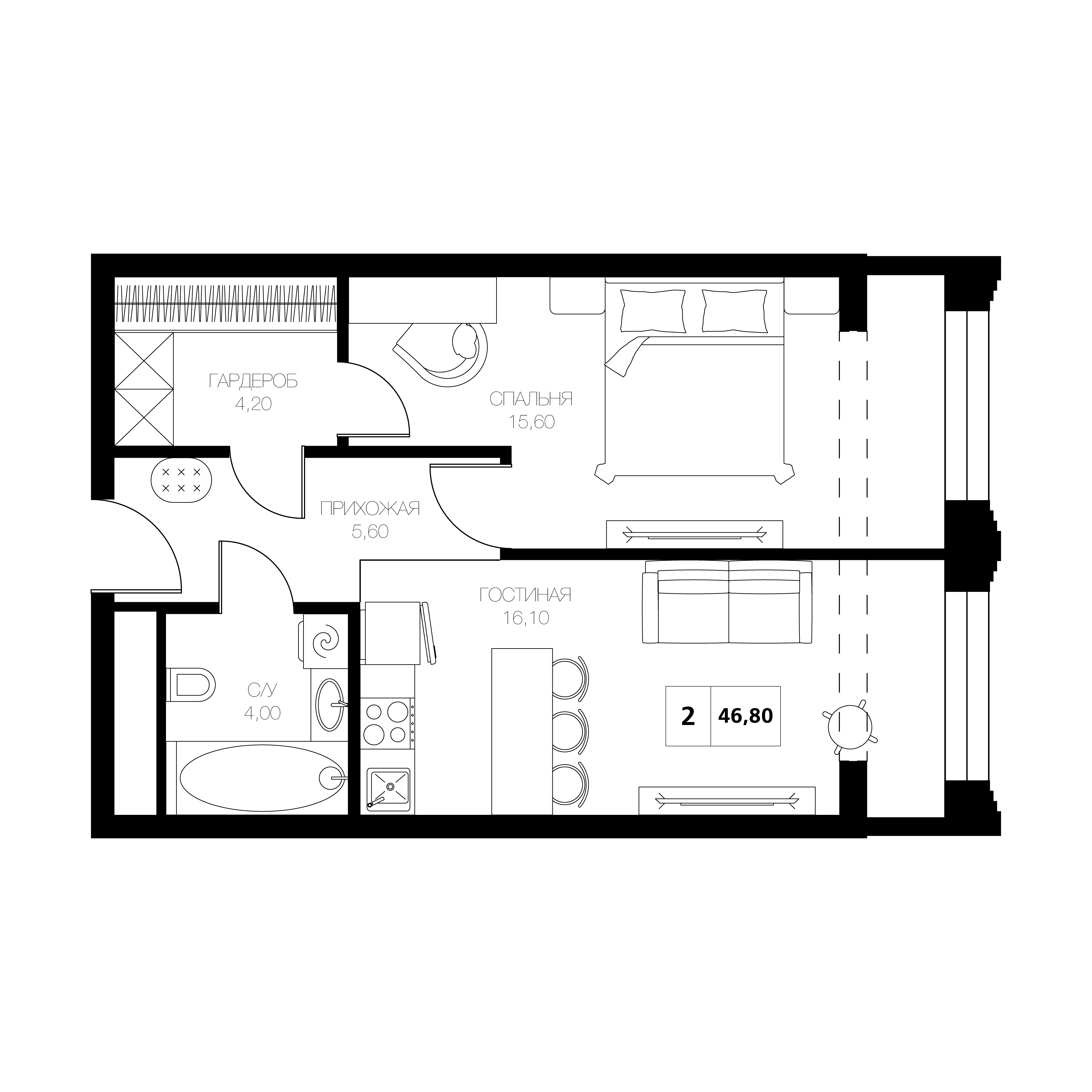 2-комнатная 46 м2 в ЖК Аксис Центр корпус null этаж 5