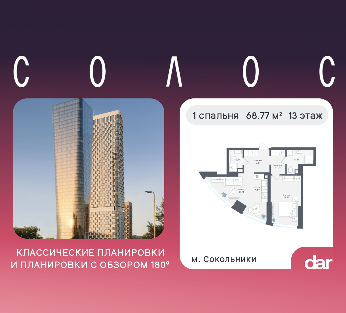 1-комнатная 68 м2 в ЖК Solos корпус null этаж 13