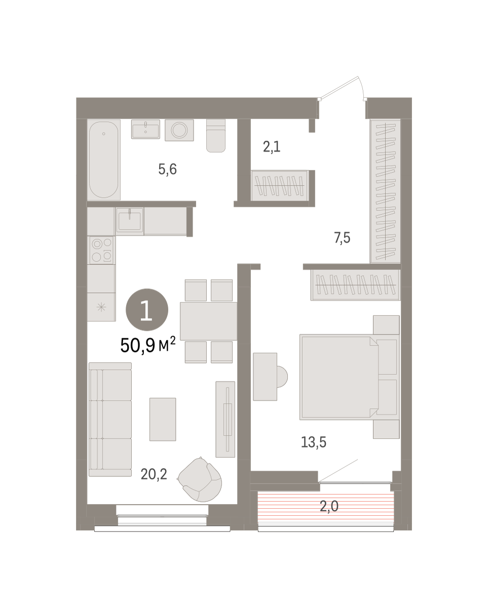 1-комнатная 50 м2 в ЖК Речной порт корпус null этаж 7