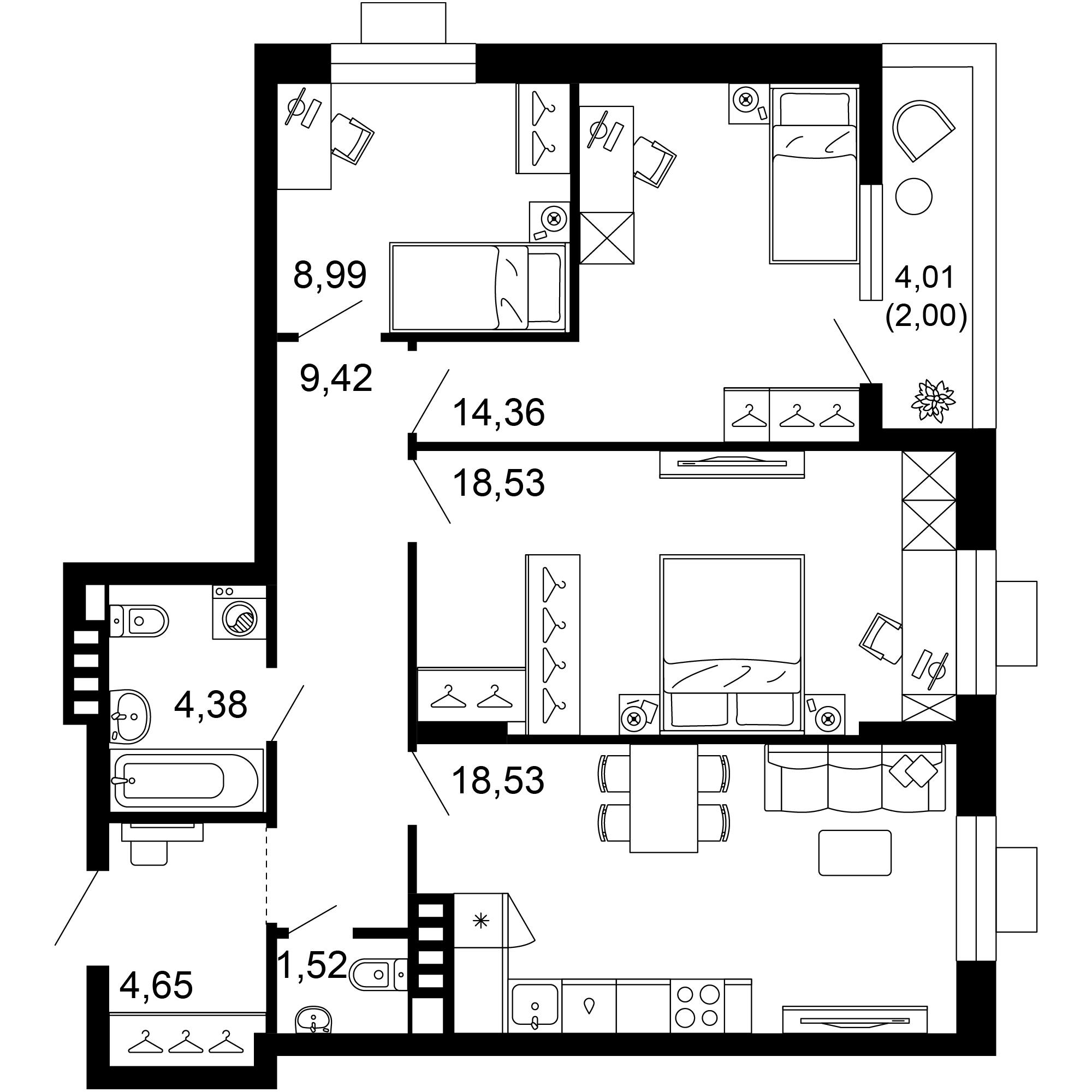 3-комнатная 82 м2 в ЖК 1799 корпус null этаж 3