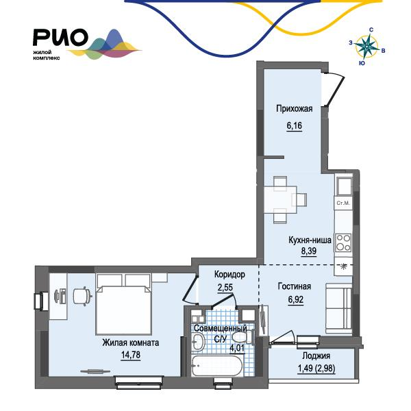 1-комнатная 44 м2 в ЖК Рио корпус null этаж 11
