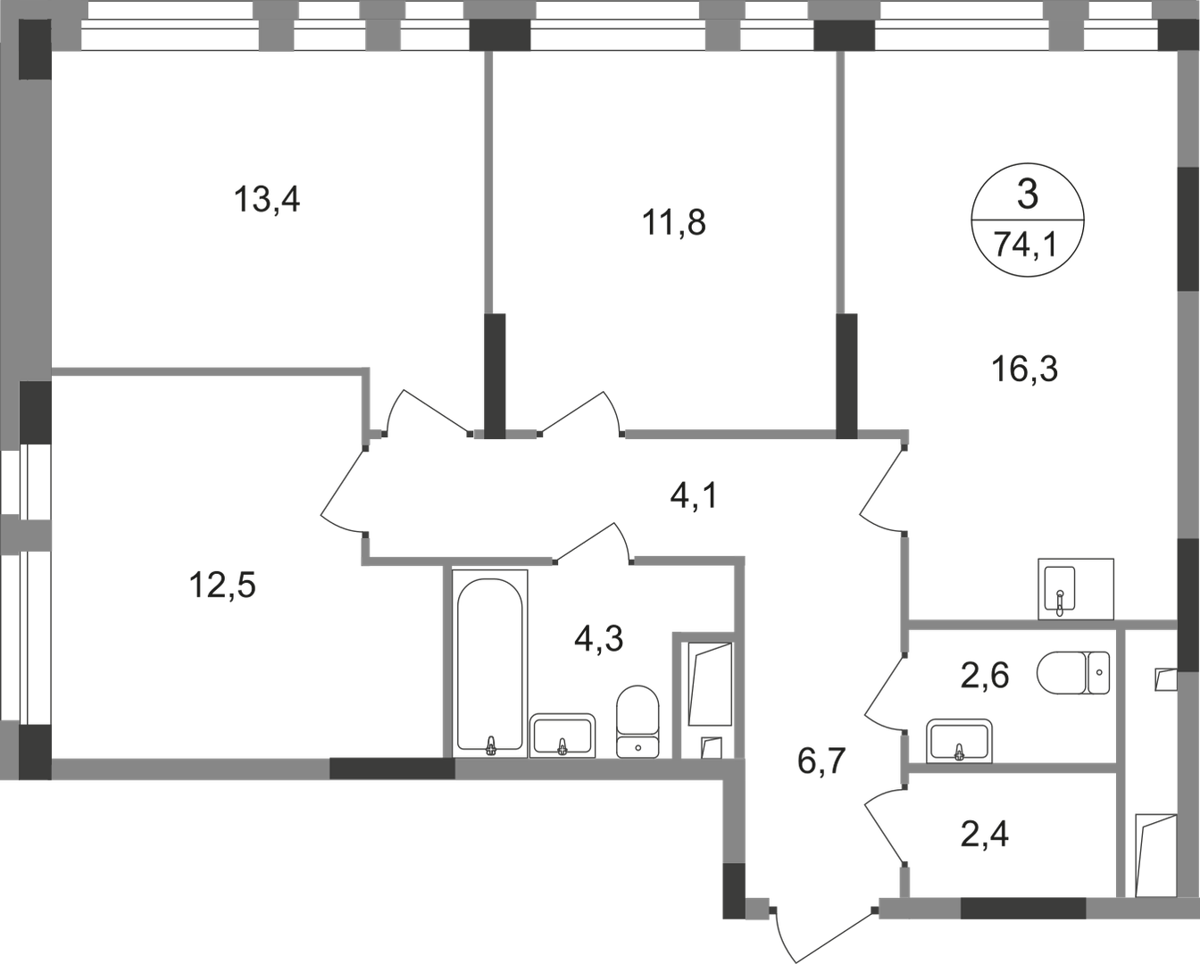 3-комнатная 74 м2 в ЖК Первый Московский корпус null этаж 11