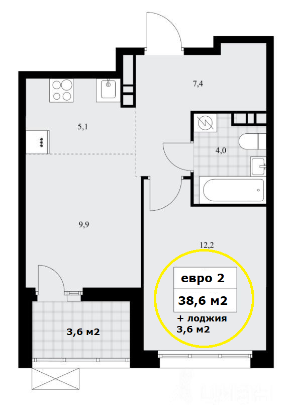 1-комнатная 42.2 м2 в ЖК undefined корпус null этаж 6