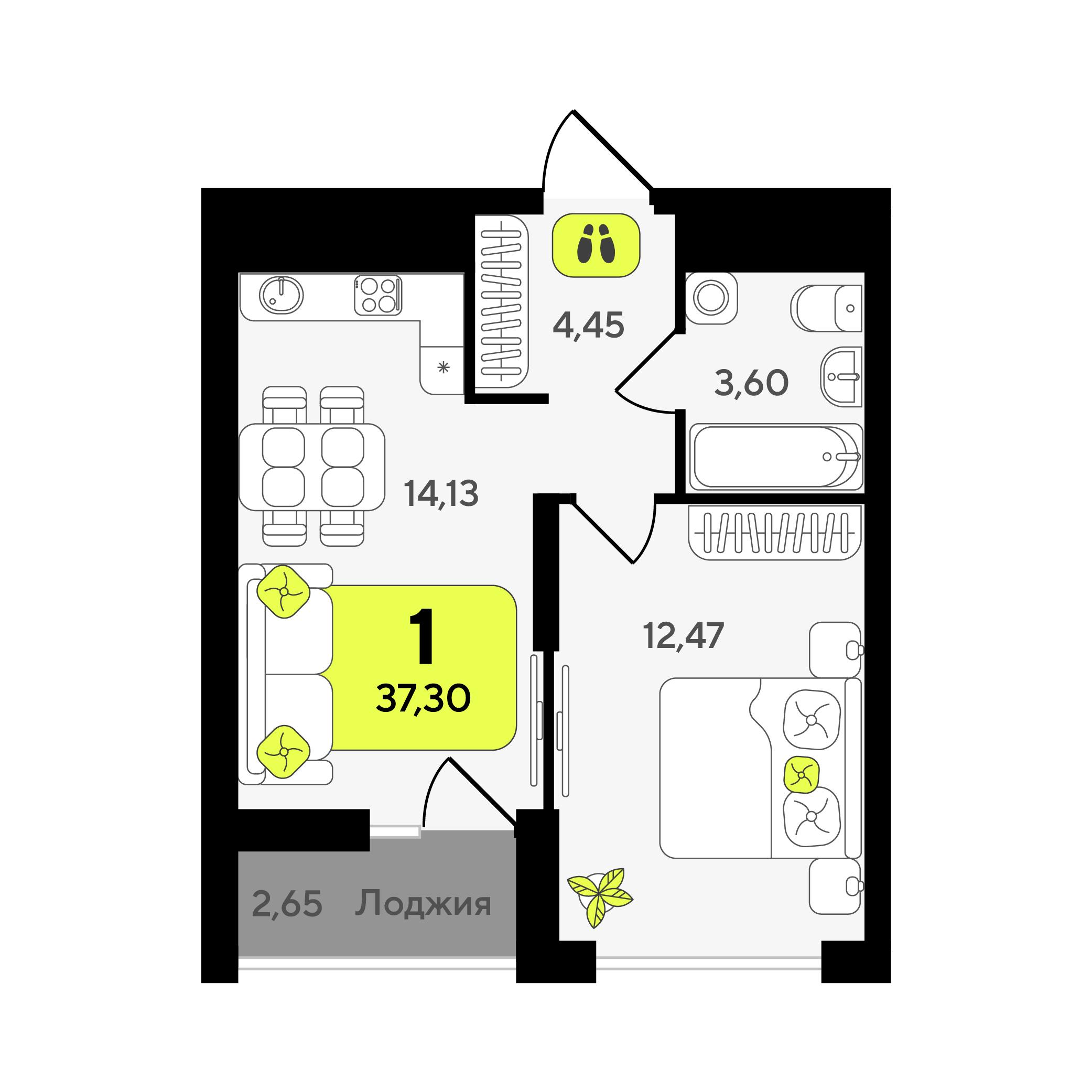 1-комнатная 37 м2 в ЖК Окинава корпус null этаж 5