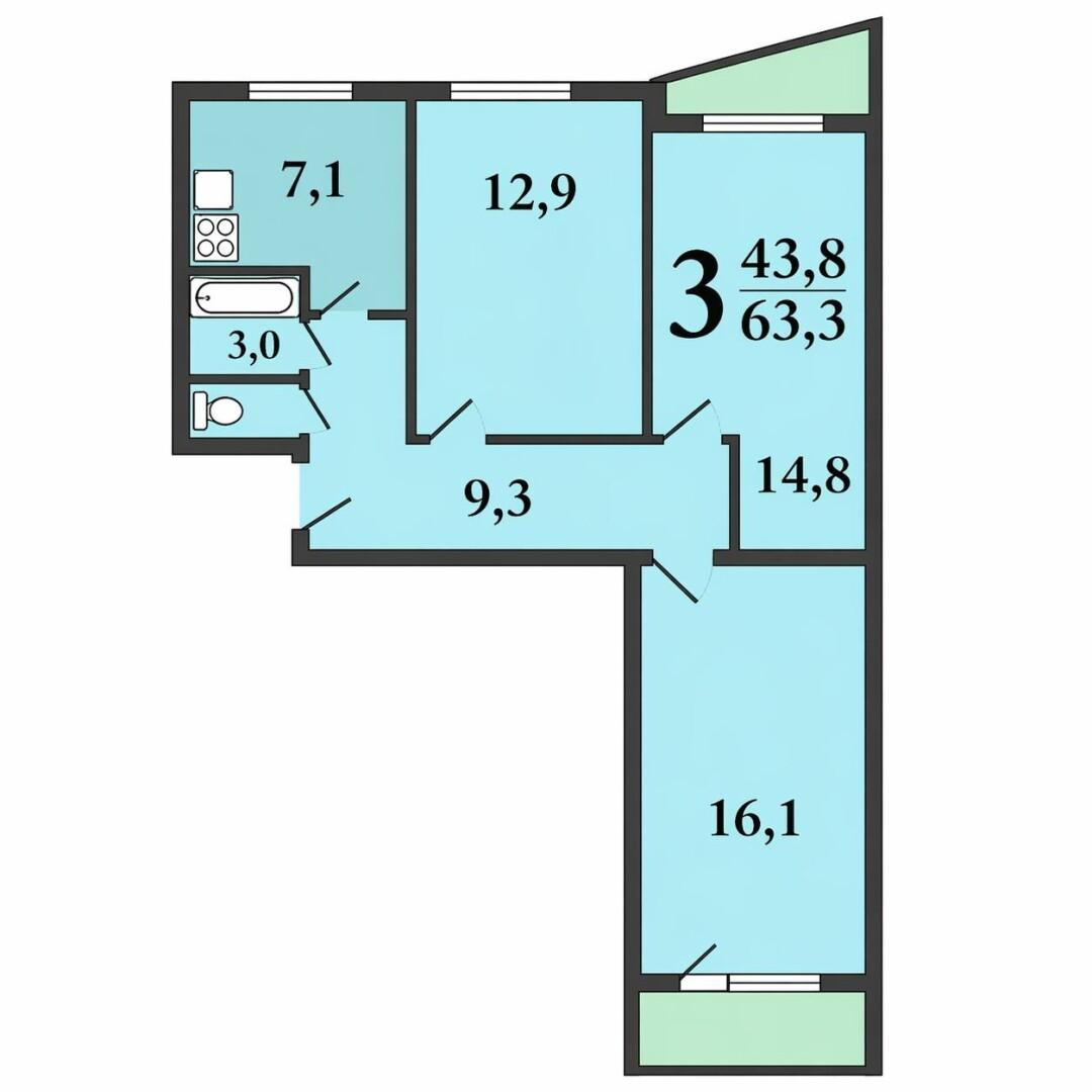 3-комнатная 63 м2 в ЖК undefined корпус null этаж 5